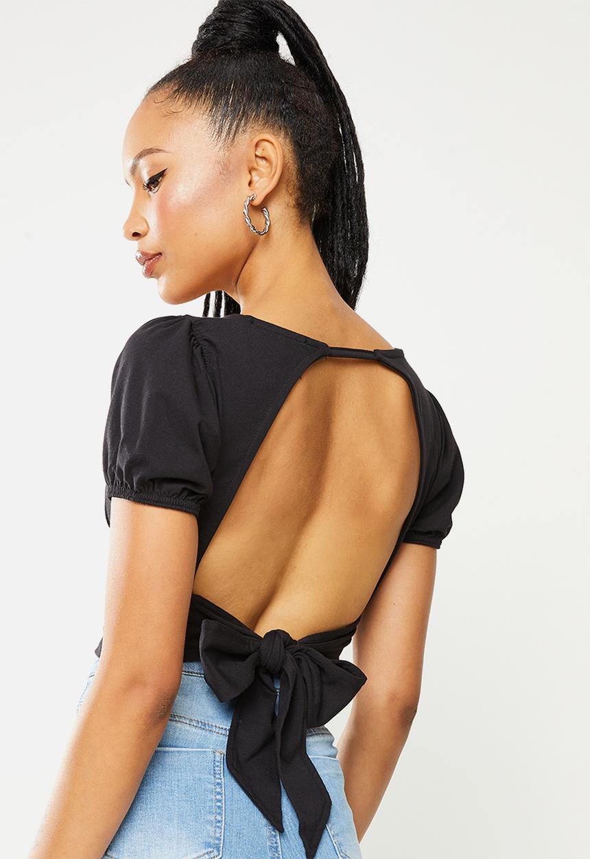 Missguided - Puff sleeve open tie back crop - black