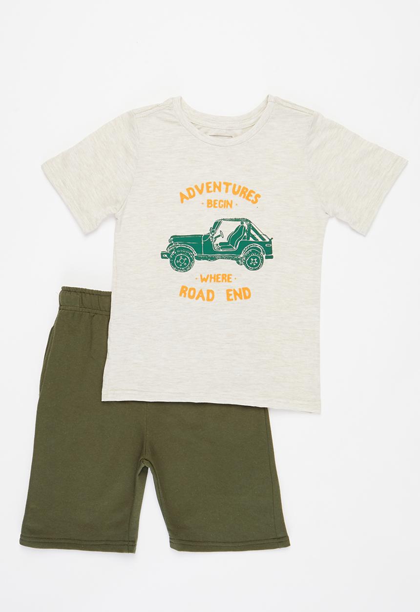 Pop Candy - Younger boys short sleeve tee & shorts set - beige & khaki 