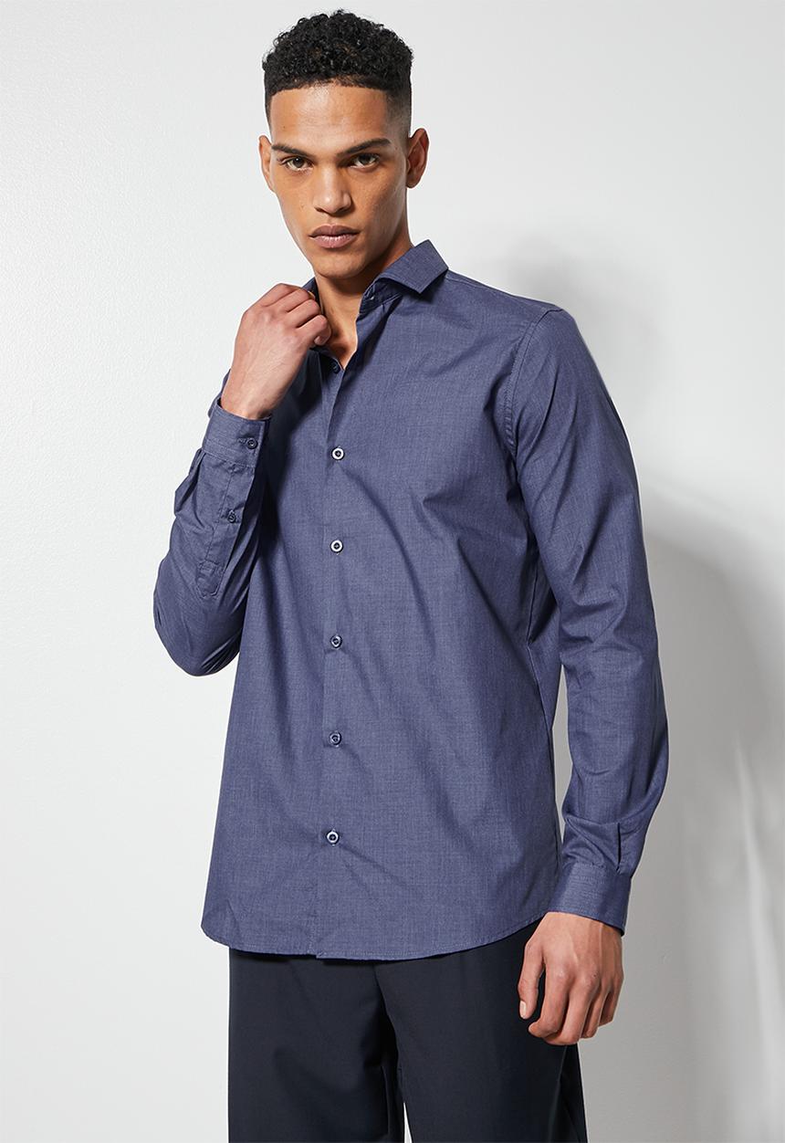 Superbalist - Easy care slim fit shirt chambray - navy