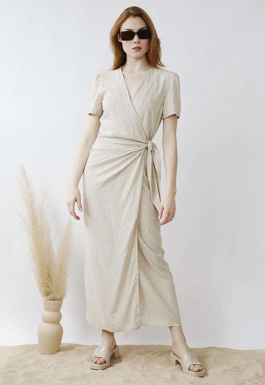 Me&B - Wrap linen dress - stone/milk stripe