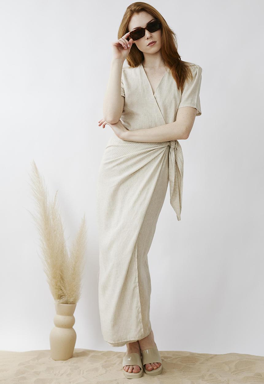 Me&B - Wrap linen dress - stone/milk stripe