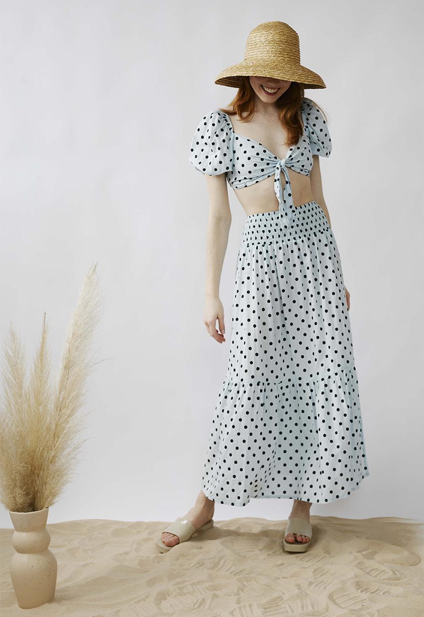Me&B - Shirring skirt with slit - blue spot 