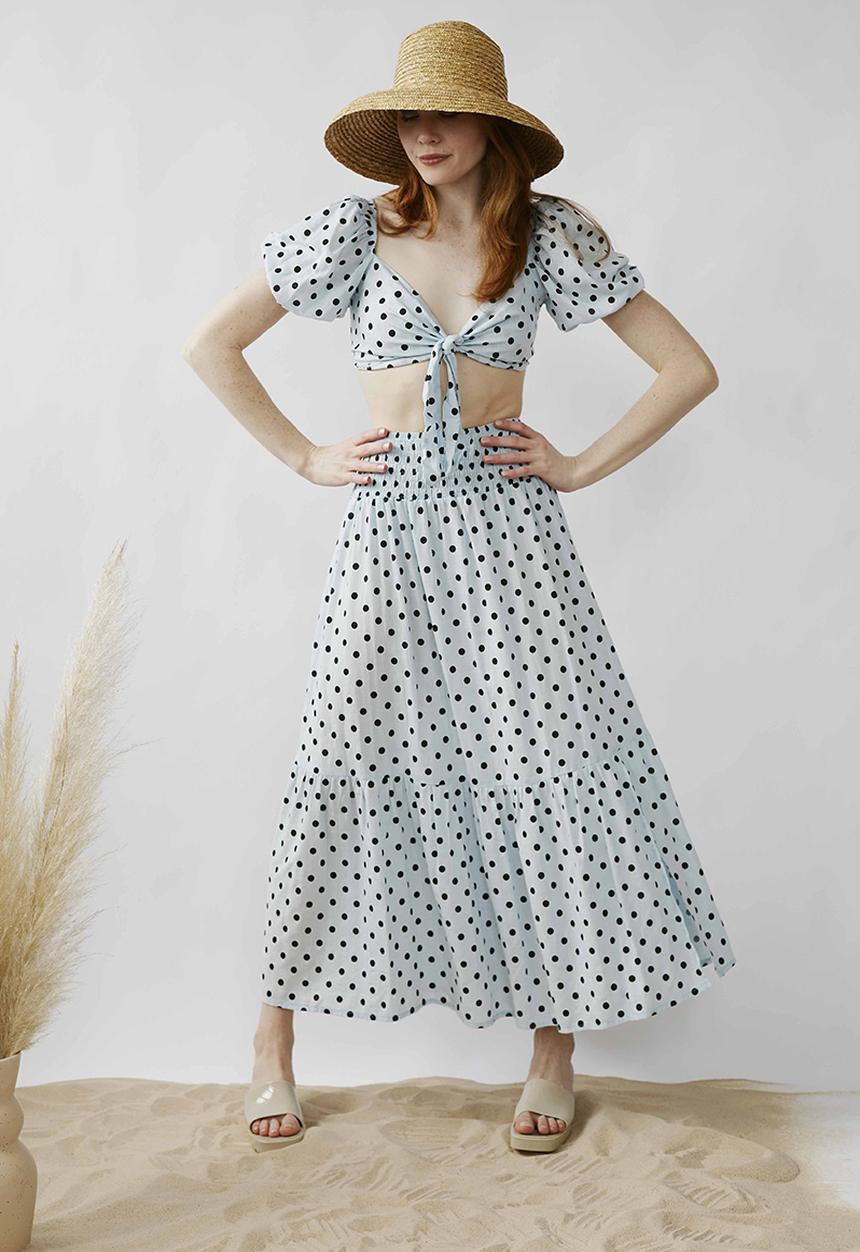 Me&B - Shirring skirt with slit - blue spot 