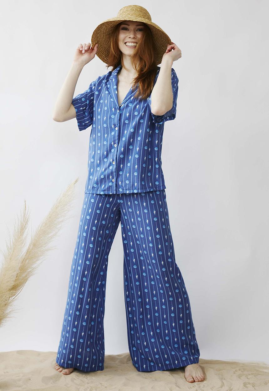 Me&B - Elasticated super wide leg pull on pant - blues shell