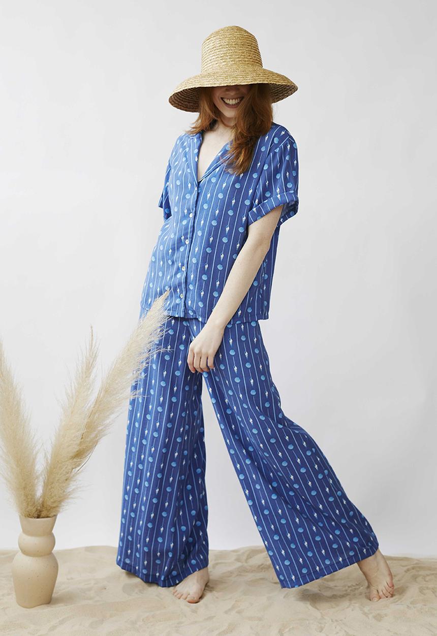 Me&B - Elasticated super wide leg pull on pant - blues shell