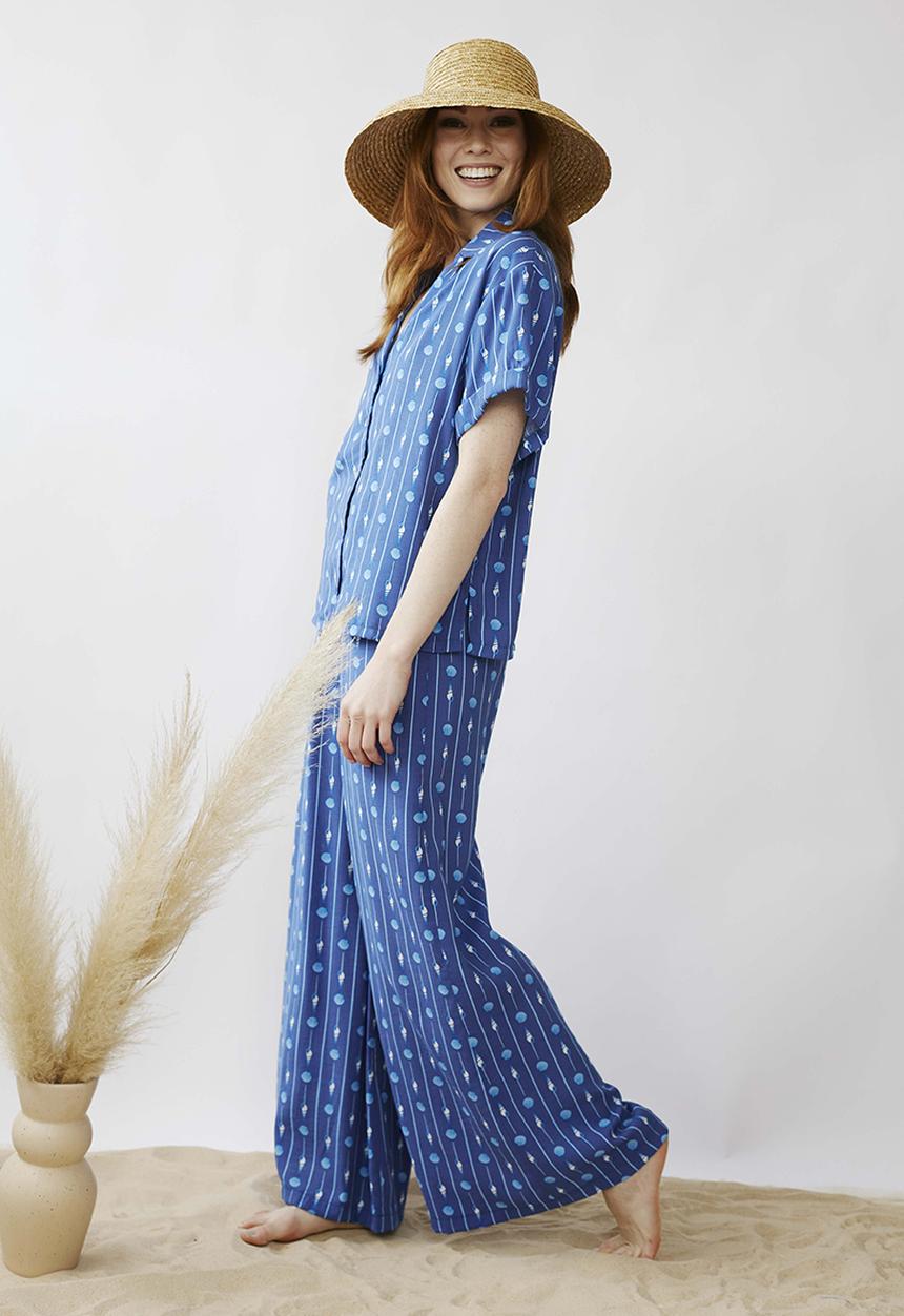 Me&B - Elasticated super wide leg pull on pant - blues shell