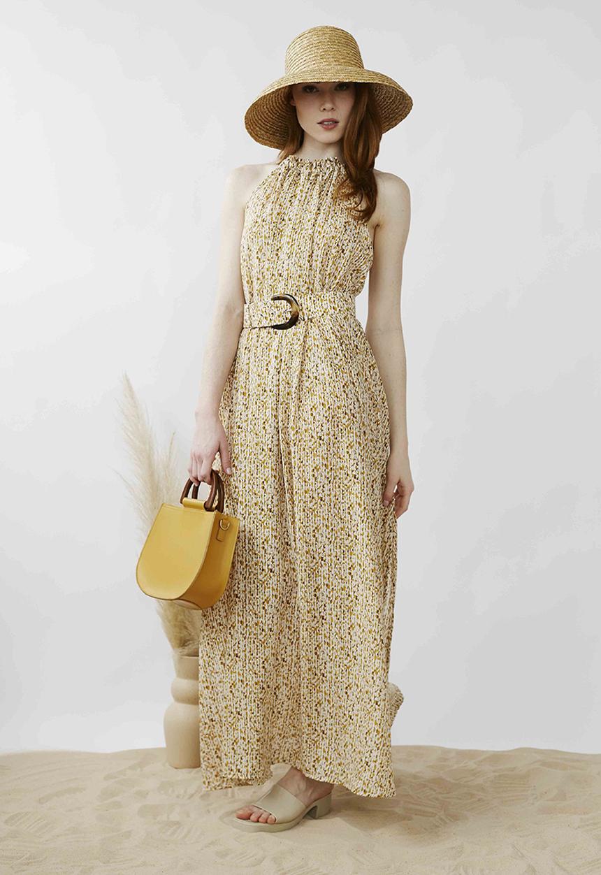 Me&B - Halter full maxi with belt detail - animal minimal
