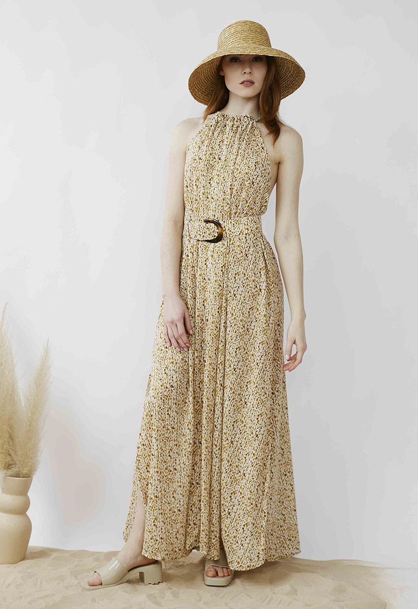 Me&B - Halter full maxi with belt detail - animal minimal