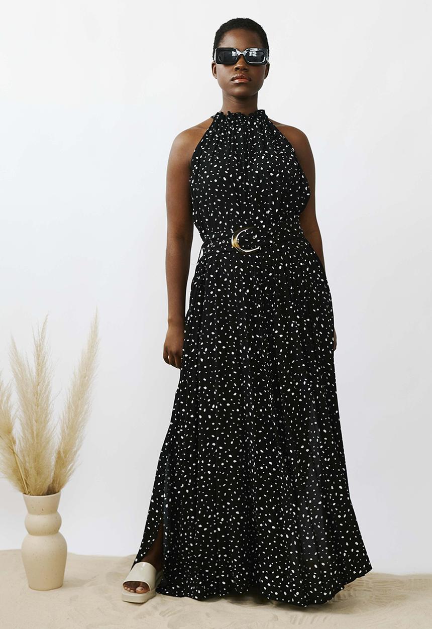 Me&B - Halter full maxi with belt detail - black print