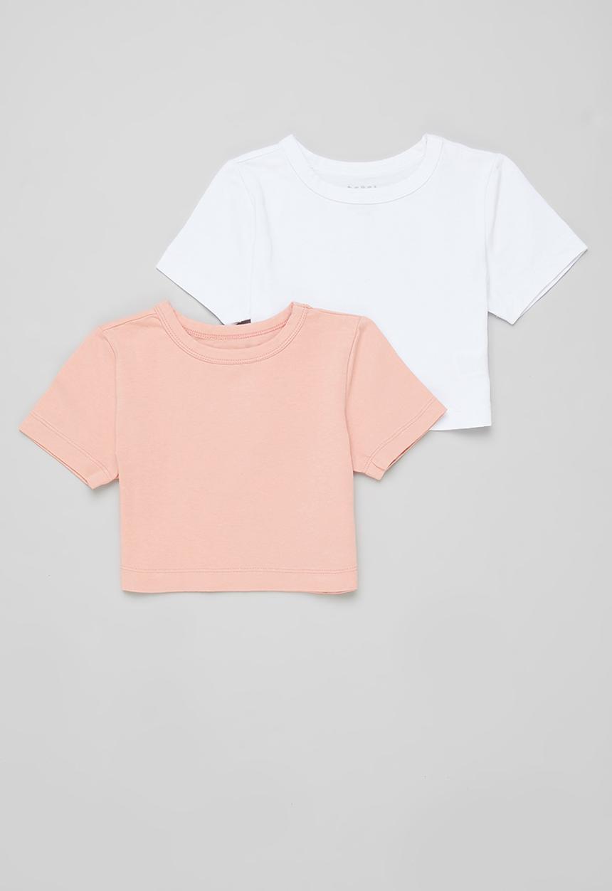 Rebel Republic - Older girls 2 pack fitted crop tee - pink & white