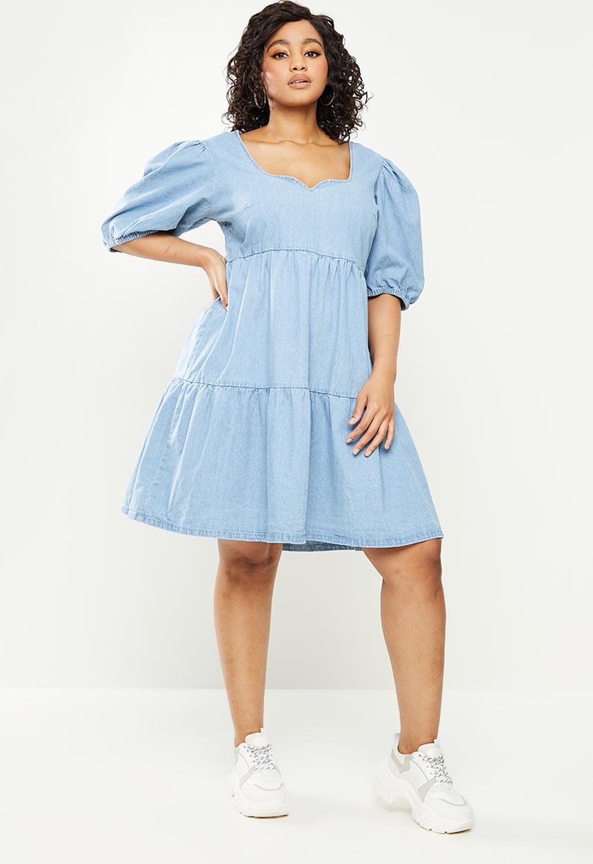Missguided - Plus tiered chambray puff sleeve dress - blue