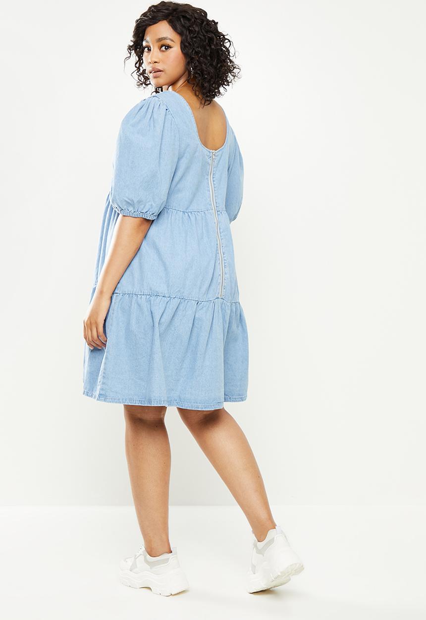 Missguided - Plus tiered chambray puff sleeve dress - blue