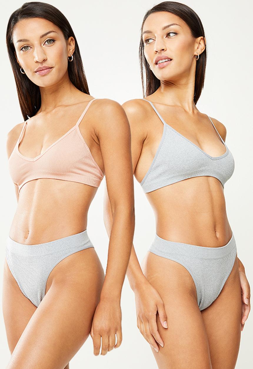 Cotton On - Seamless triangle bralette 2 pack - light grey marle & new latte