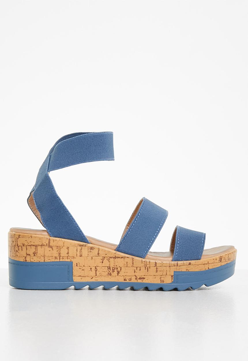 Seduction - Elastic strap cork wedge heel - petrol blue