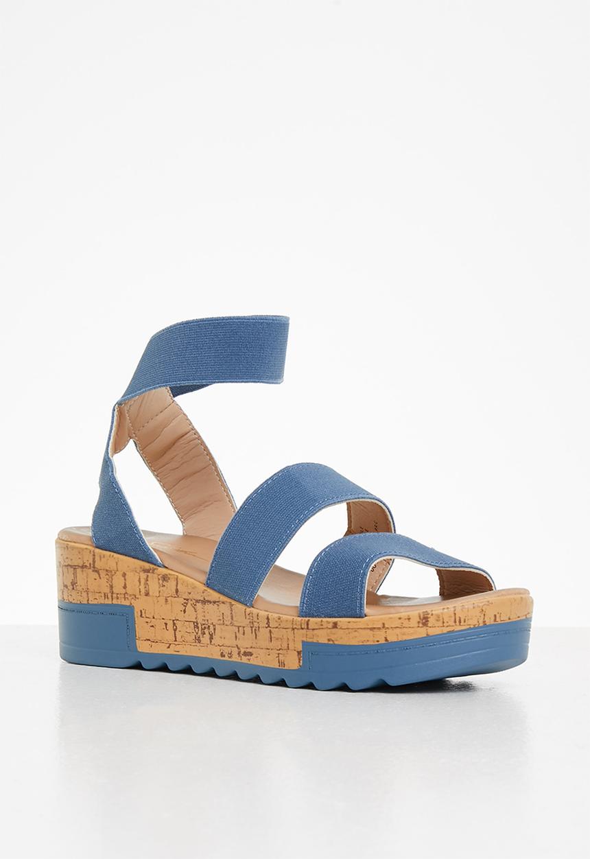 Seduction - Elastic strap cork wedge heel - petrol blue