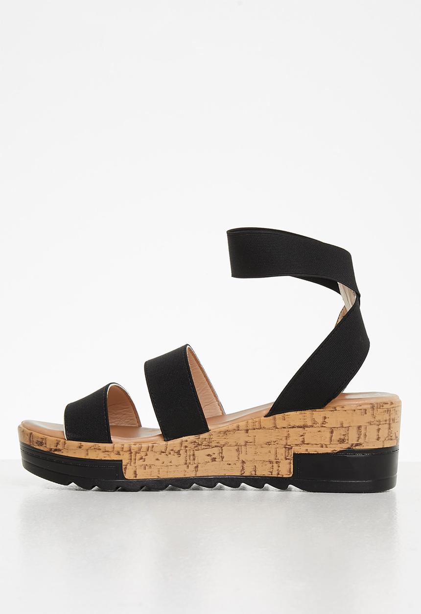 Seduction - Elastic strap cork wedge heel - black