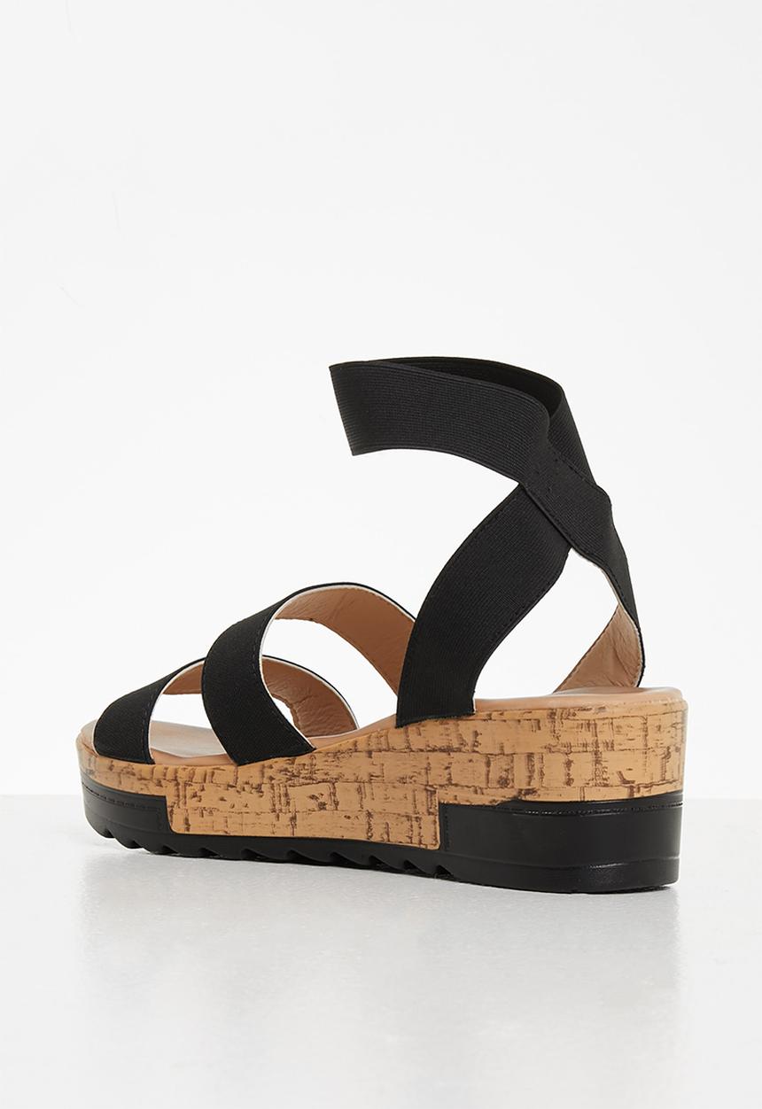 Seduction - Elastic strap cork wedge heel - black