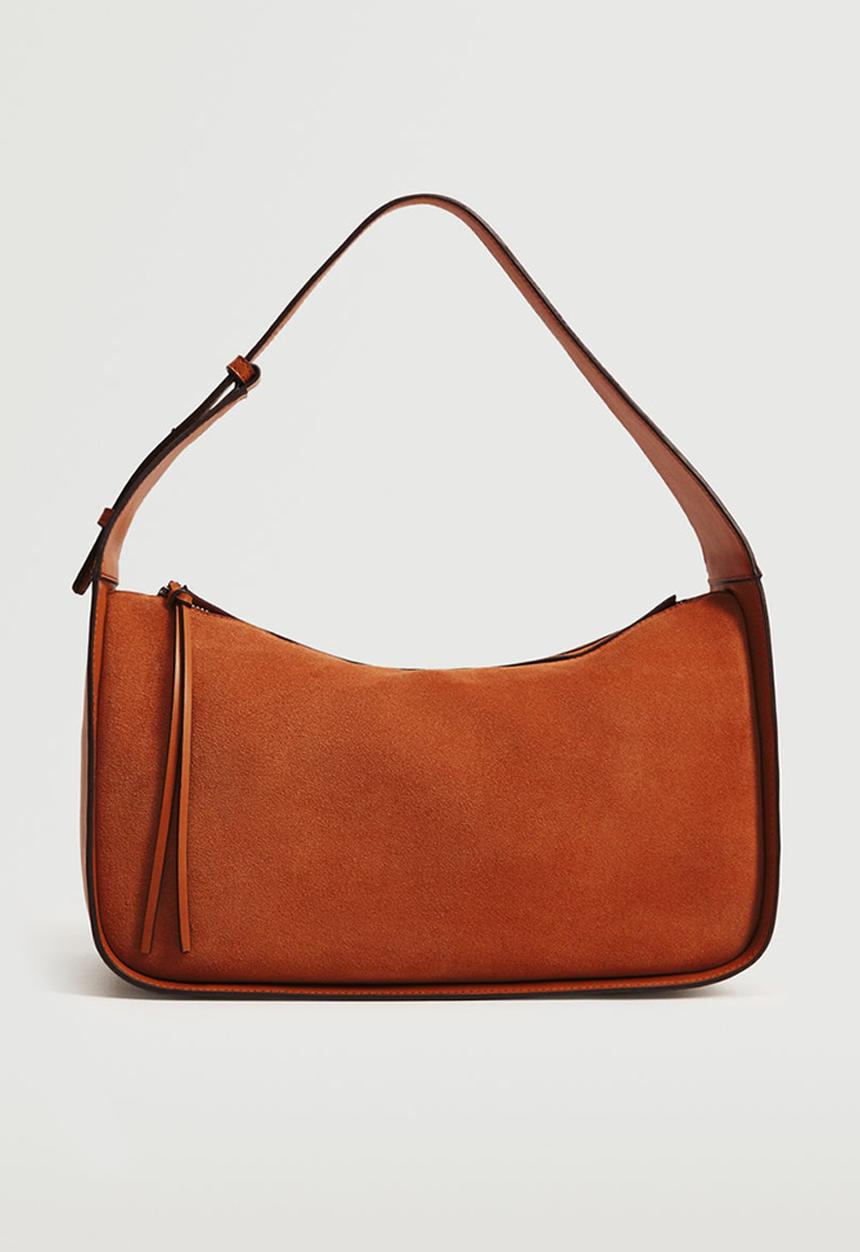 MANGO - Leather baguette bag - burnt orange