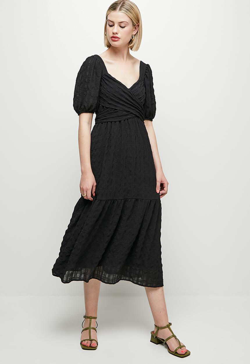 MILLA - Wrap bodice square neck dress - black