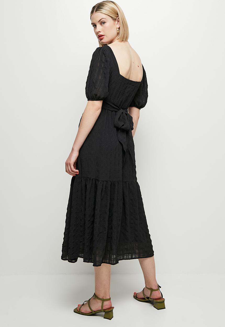 MILLA - Wrap bodice square neck dress - black