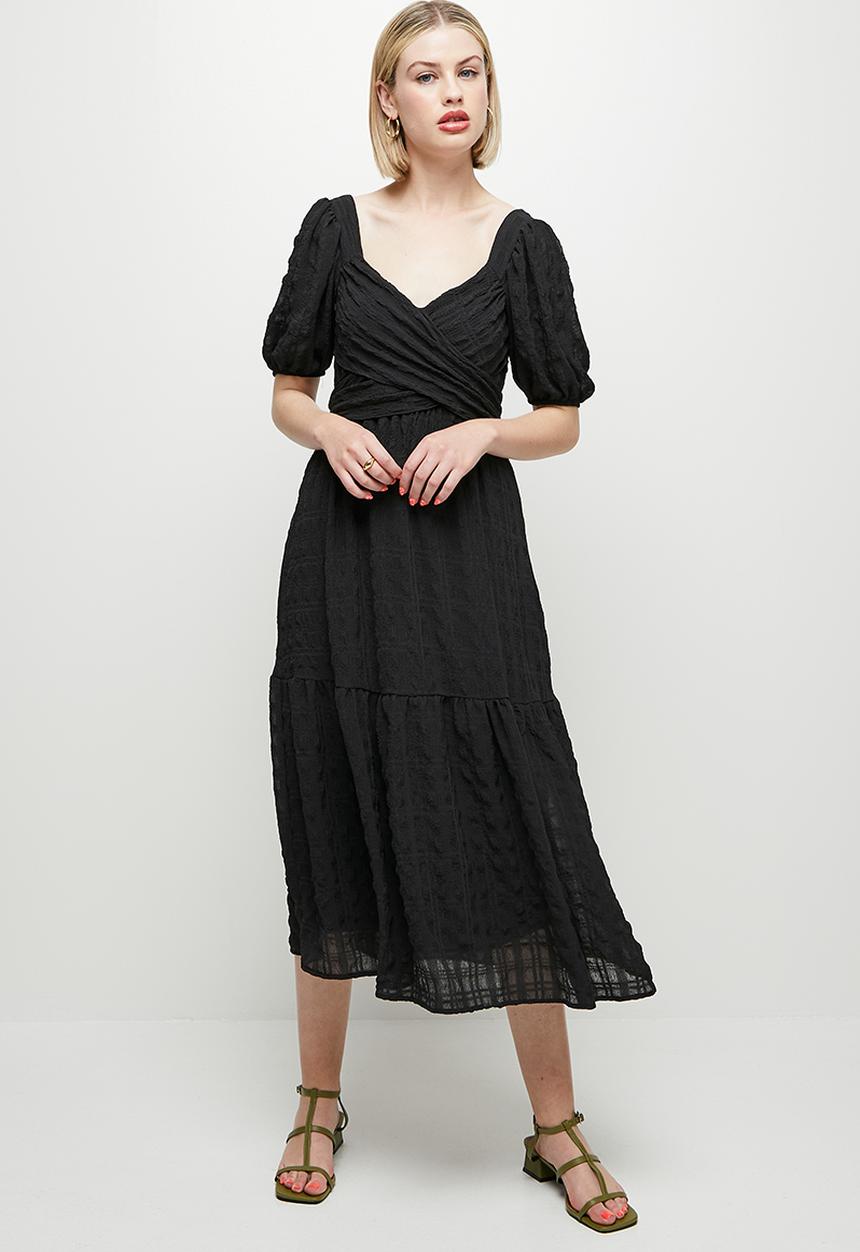 MILLA - Wrap bodice square neck dress - black
