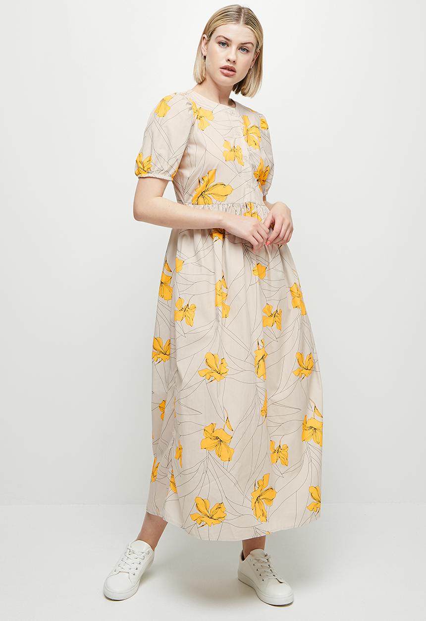 edit - Puff sleeve cotton a-line midi - stone & yellow