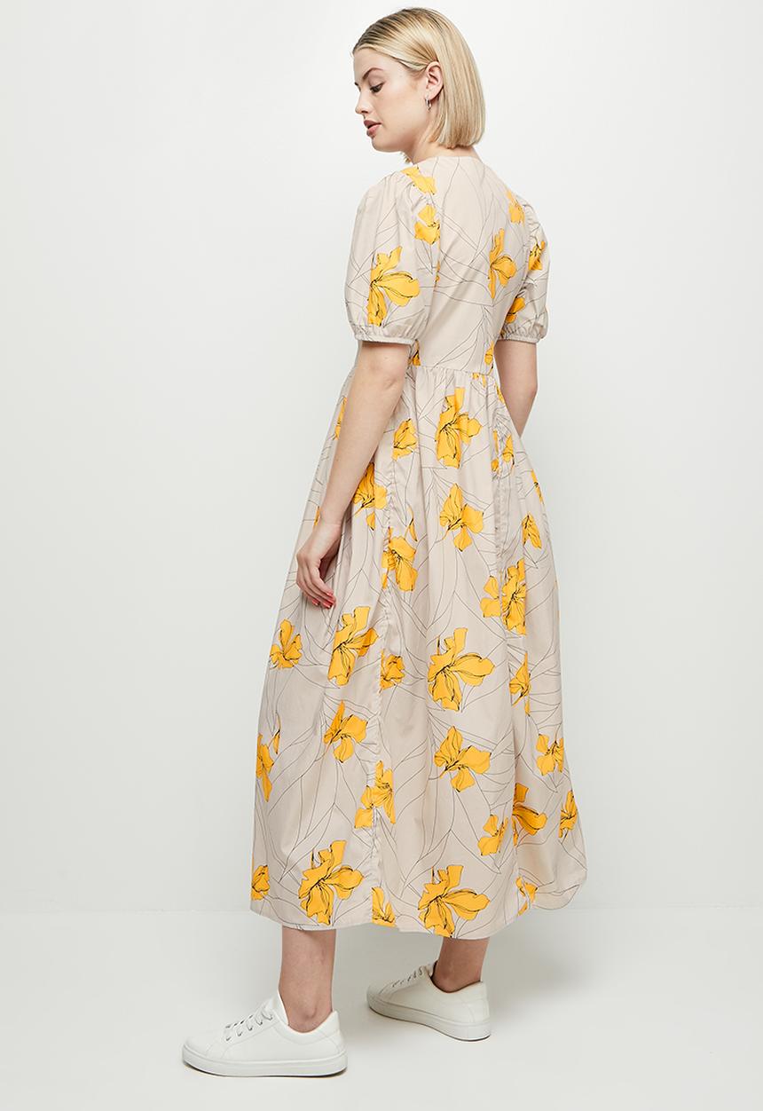 edit - Puff sleeve cotton a-line midi - stone & yellow