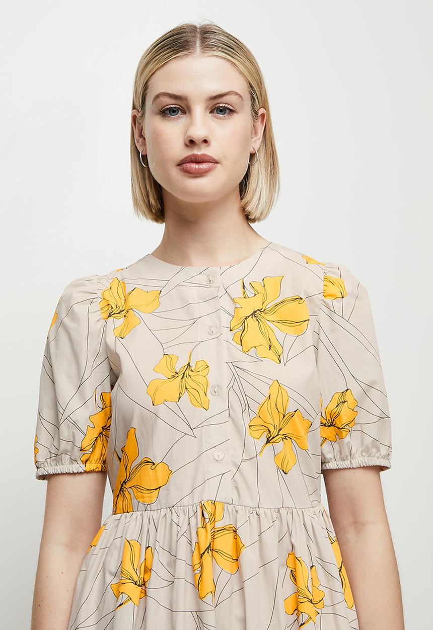 edit - Puff sleeve cotton a-line midi - stone & yellow