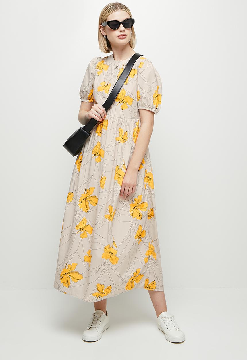 edit - Puff sleeve cotton a-line midi - stone & yellow