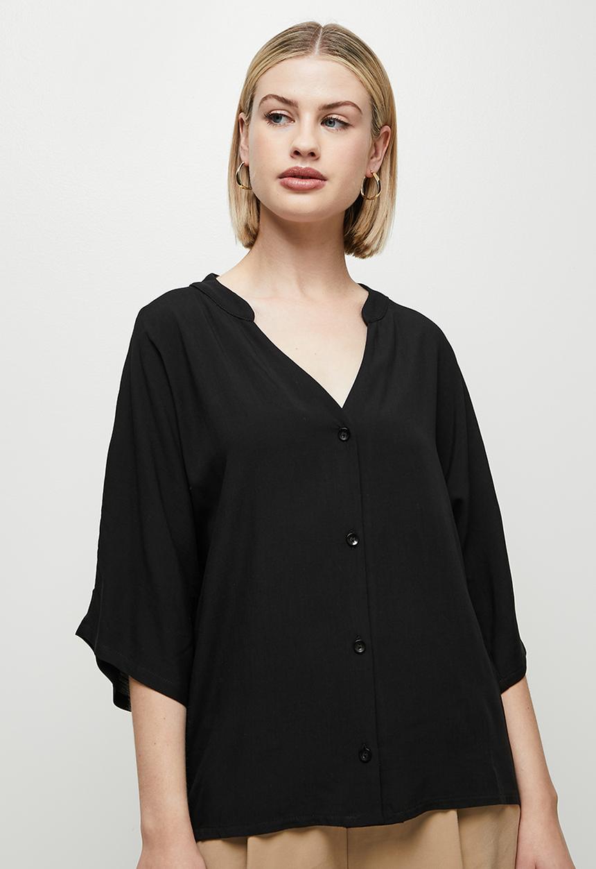edit - Mandarin boxy soft shirt - black