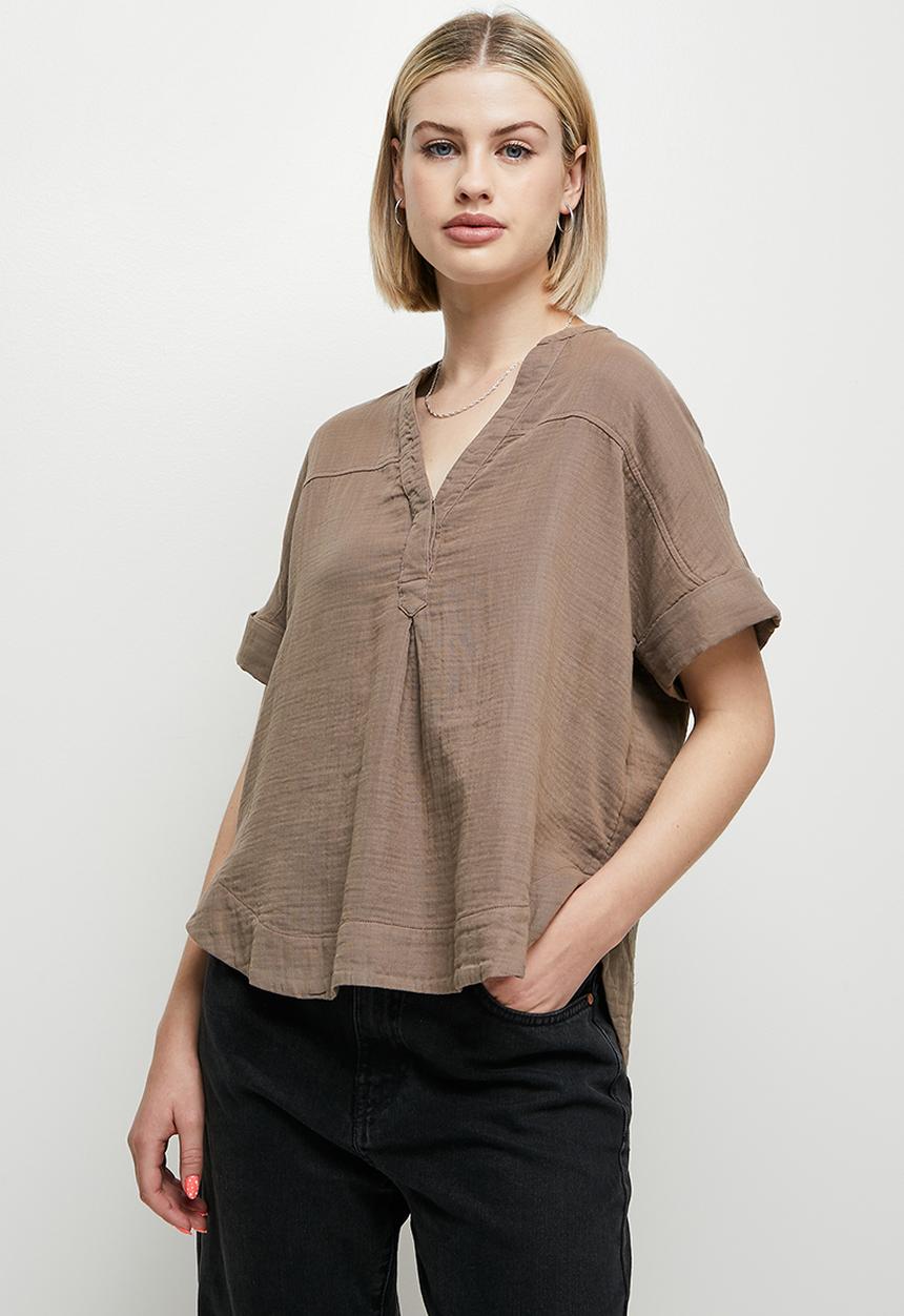edit - Mandarin collar boxy shirt - brown
