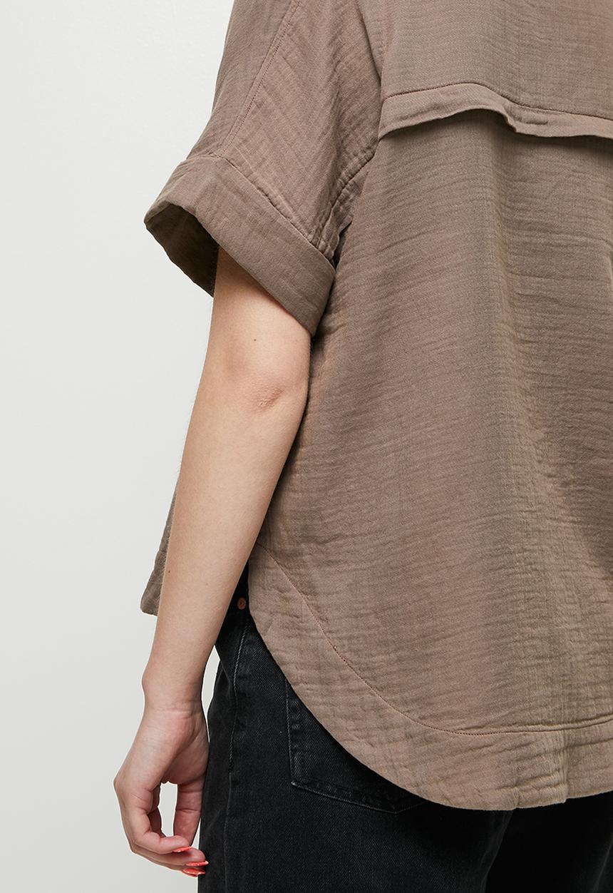 edit - Mandarin collar boxy shirt - brown