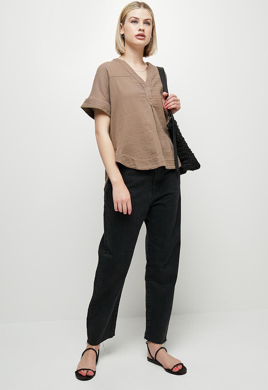 edit - Mandarin collar boxy shirt - brown