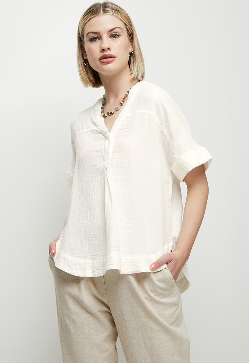 edit - Mandarin collar boxy shirt - milk