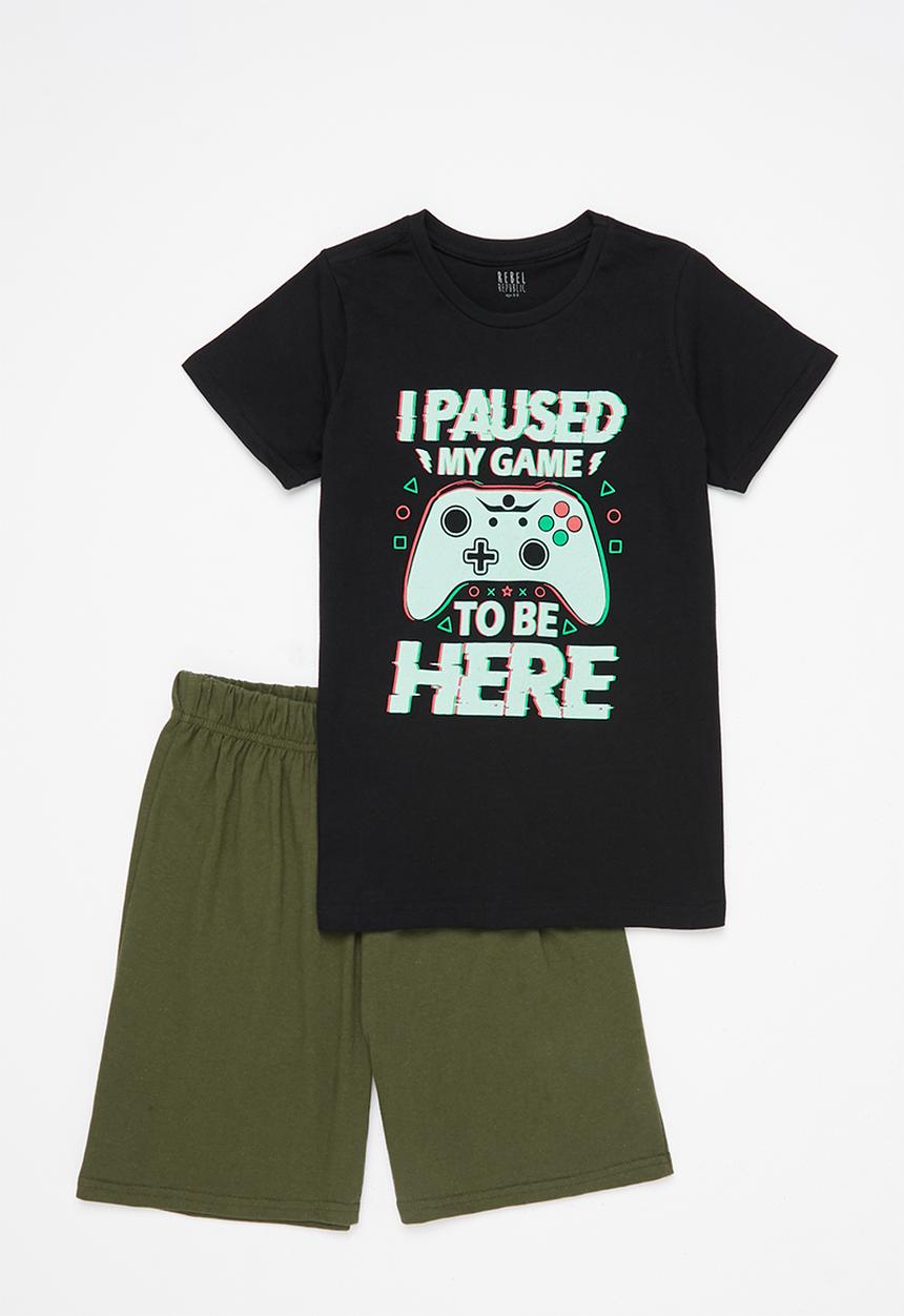 Rebel Republic - Boys tee & shorts pj set - black & olive