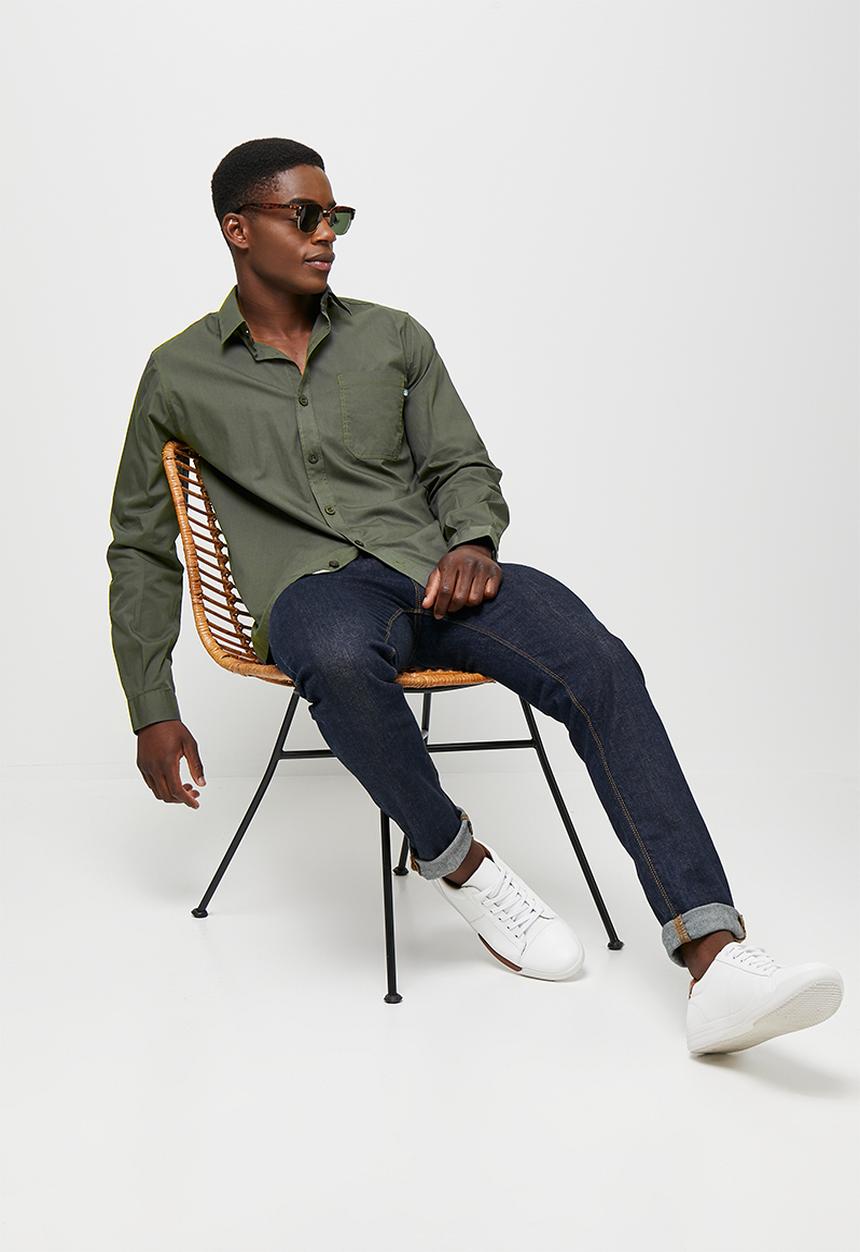 Lark & Crosse - Regular fit cracker poplin pocket long sleeve shirt - khaki