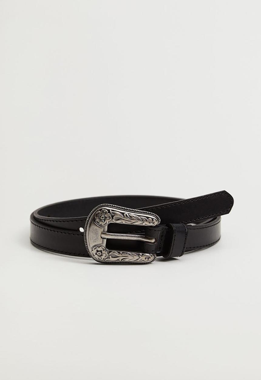 MANGO - Engraved buckle leather belt - black