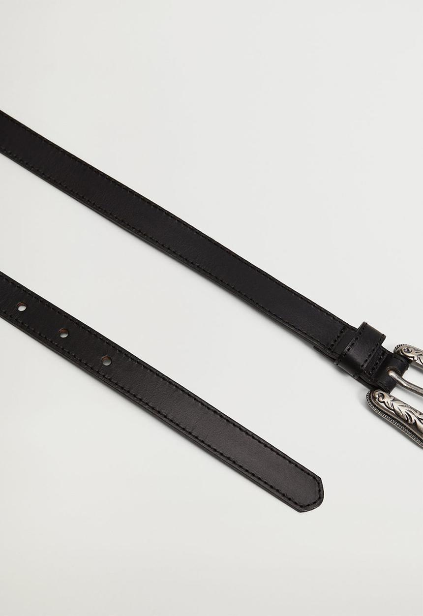 MANGO - Engraved buckle leather belt - black