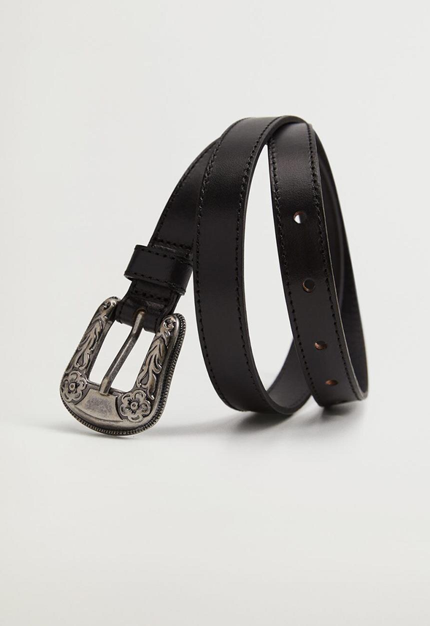 MANGO - Engraved buckle leather belt - black