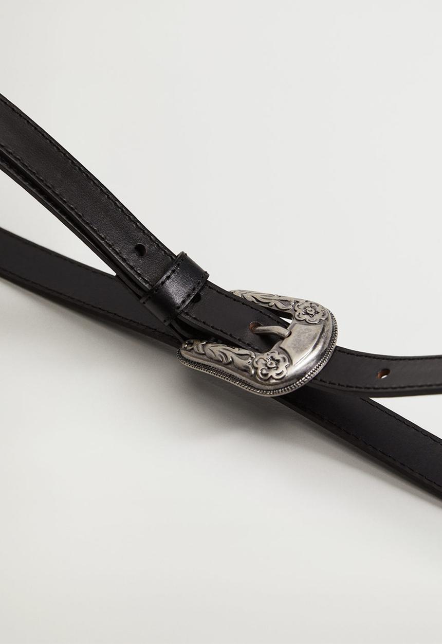 MANGO - Engraved buckle leather belt - black