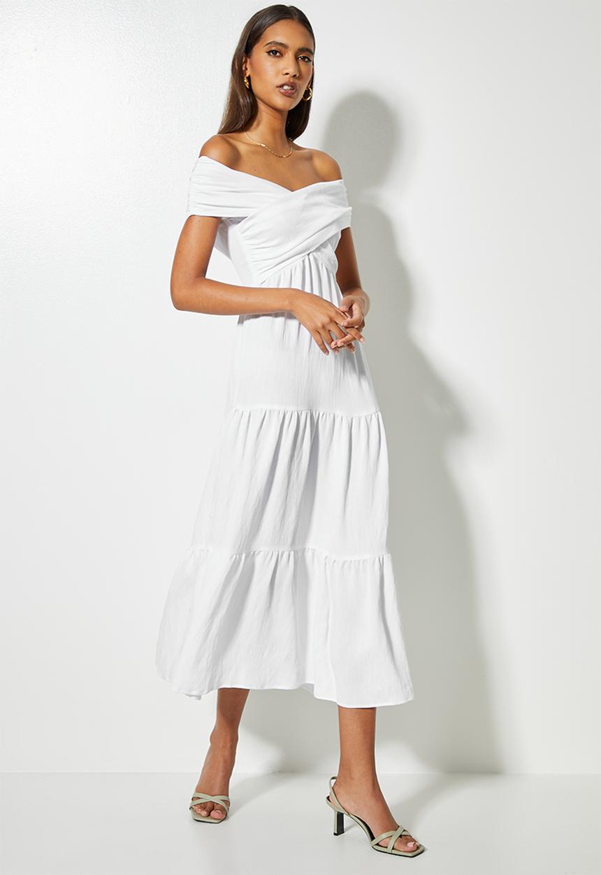 VELVET - Textured crossover bardot midi tiered dress - white