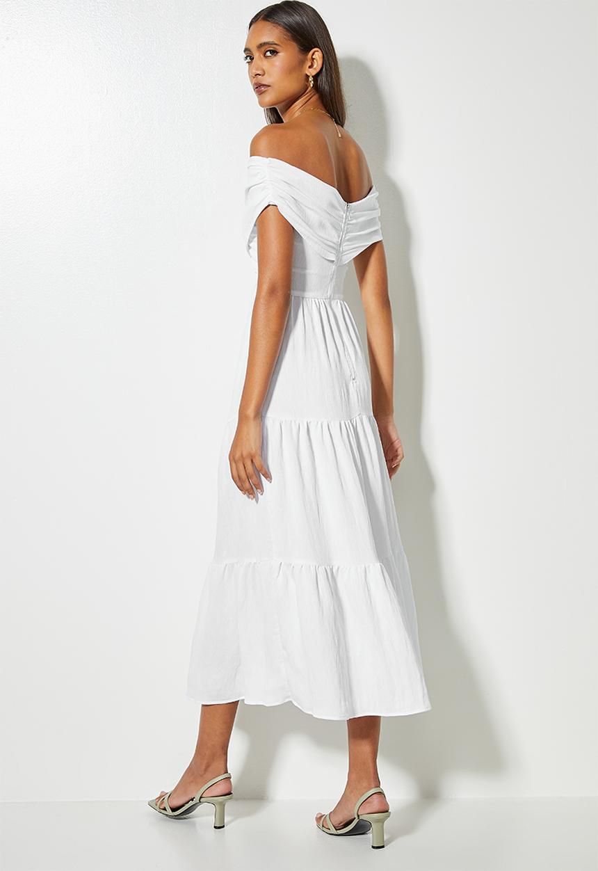 VELVET - Textured crossover bardot midi tiered dress - white