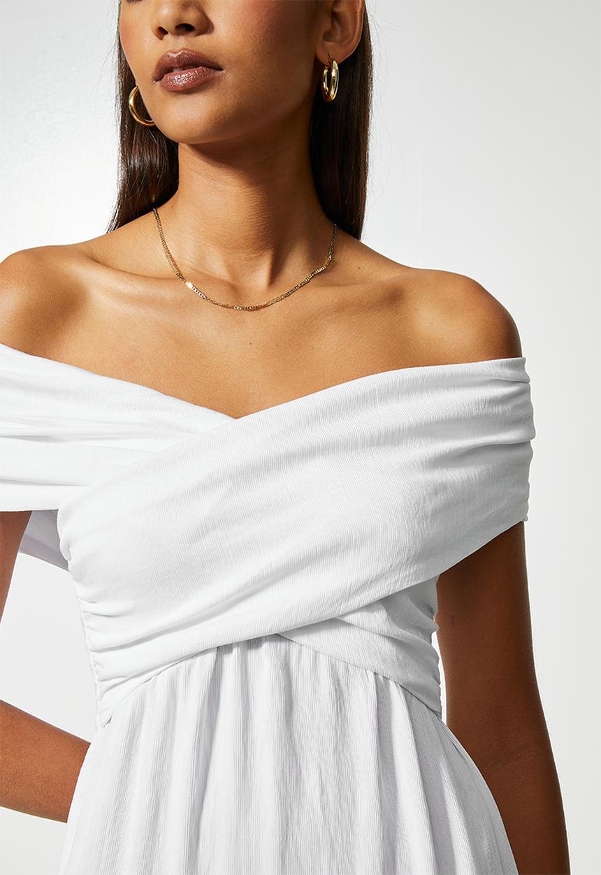 VELVET - Textured crossover bardot midi tiered dress - white