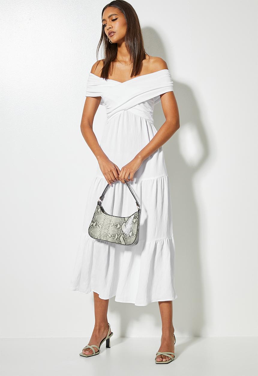VELVET - Textured crossover bardot midi tiered dress - white