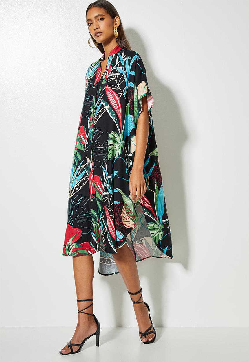 VELVET - Mandarin collar kaftan dress - tropical multi
