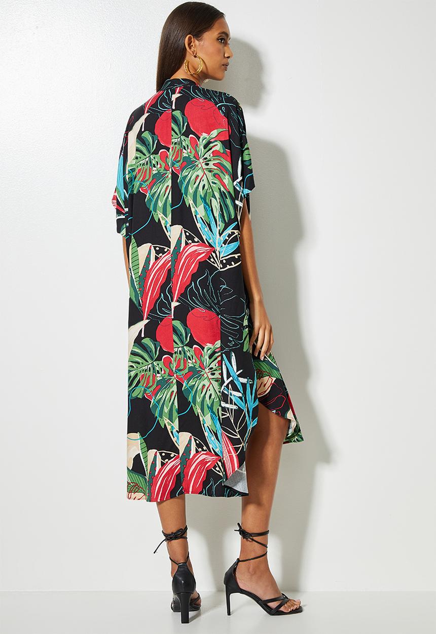 VELVET - Mandarin collar kaftan dress - tropical multi