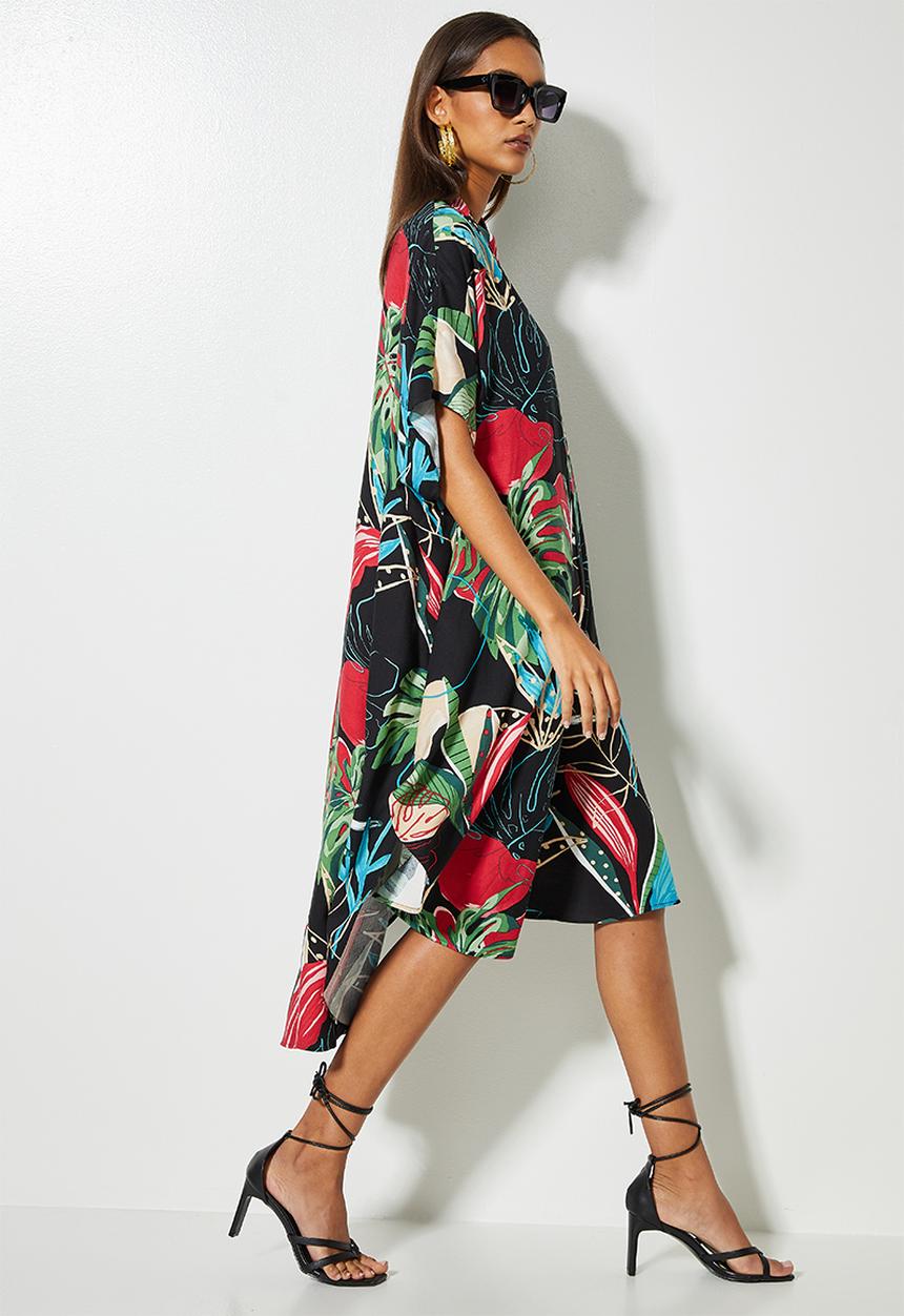 VELVET - Mandarin collar kaftan dress - tropical multi