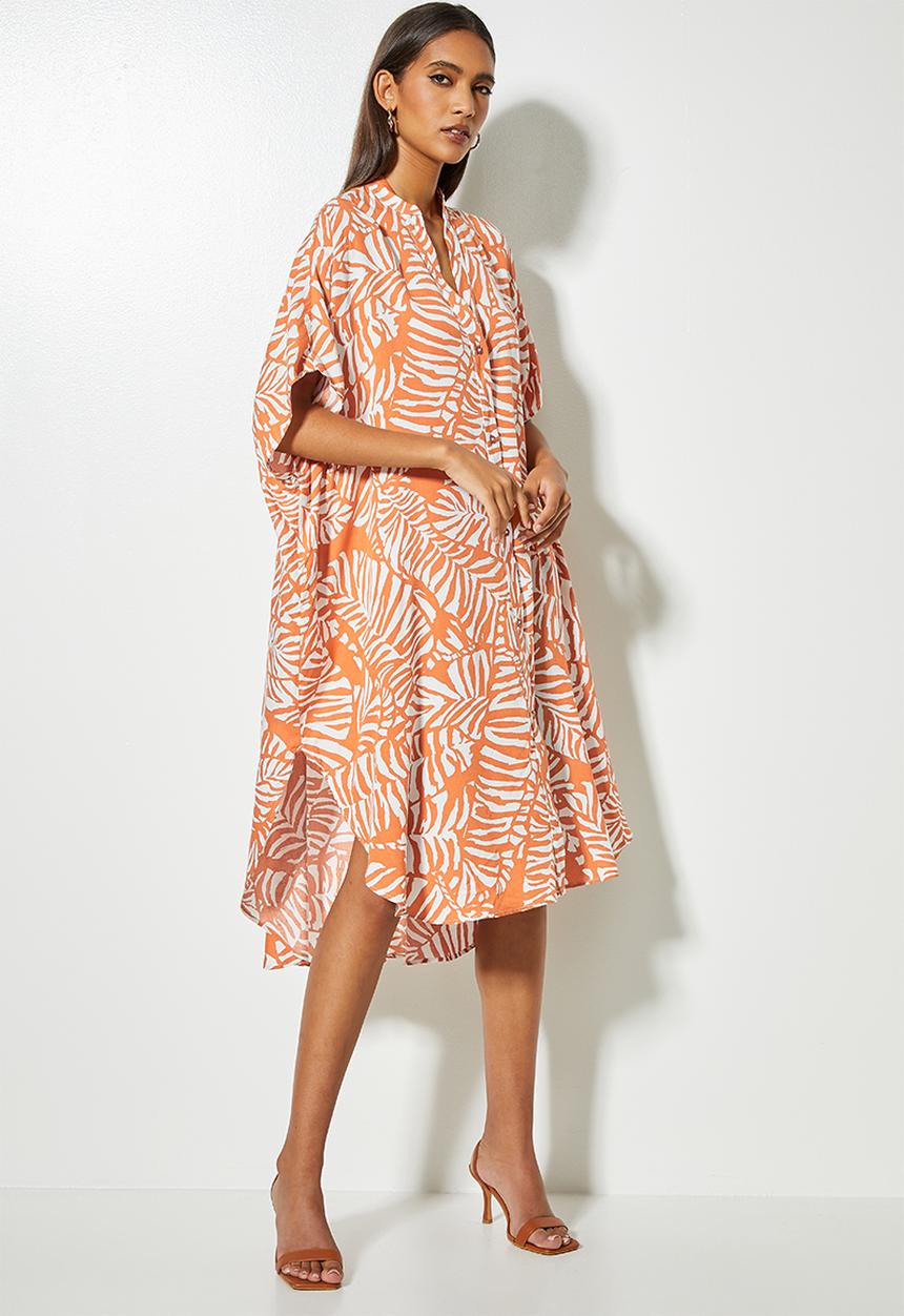 VELVET - Mandarin collar kaftan dress - leaf print