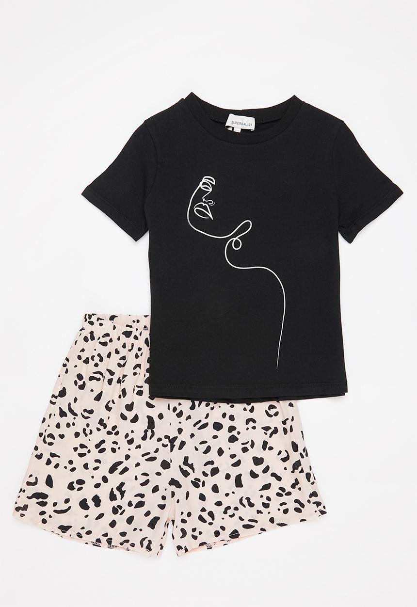 Superbalist - Sleep tee & short - black & pink print