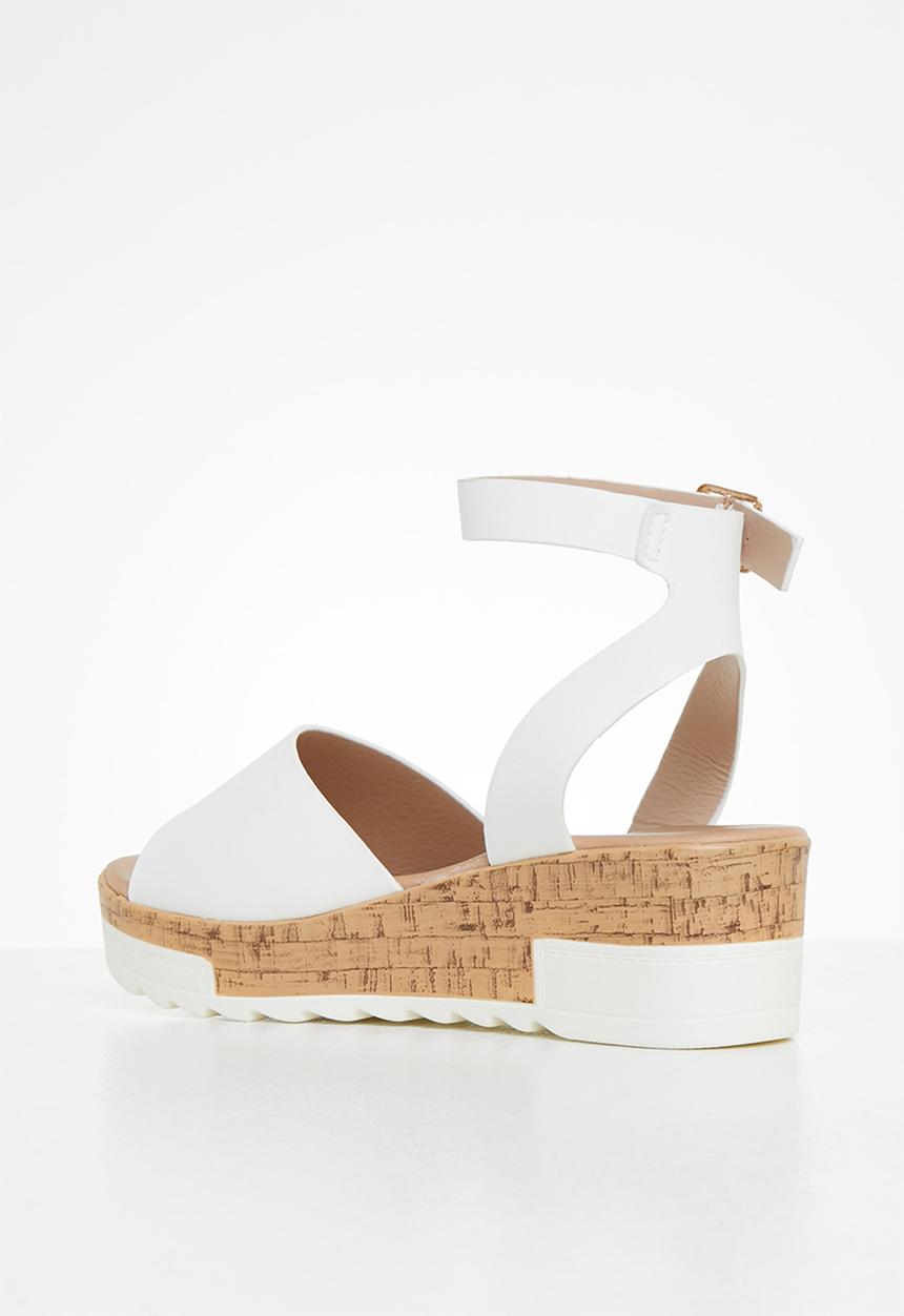 Seduction - Ankle strap cork wedge heel - white